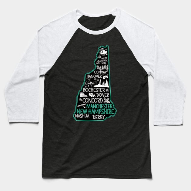 New Hampshire Manchester cute map Conway Hanover Rochester Dover Nashua Derry The Granite State Baseball T-Shirt by BoogieCreates